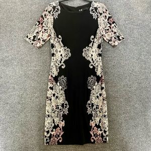 Leslie Fay Sheath Dress Black White Pink Flowers Short Sleeves New with …